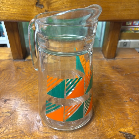 Vintage glass pitcher / jug with orange and green plaid pattern - Picture 1 of 7